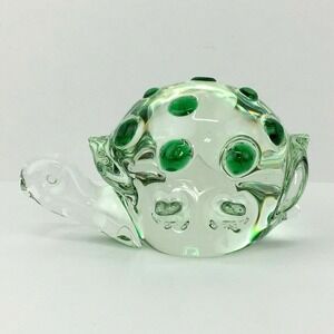 Art Glass Box Turtle Paperweight Figurine Clear with Green Spots 6" Long